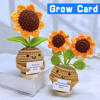 Handmade Crochet Double Sunflower Pot, Hugging Heart, Thank You Gift 1
