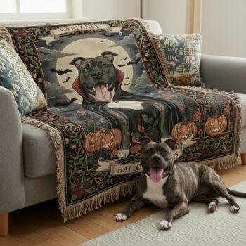 Personalized Pet Halloween Blanket – Custom Woven Throw 3