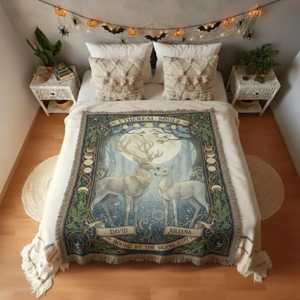 Enchanting Deer Couple Woven Blanket – Personalized Moonlit Throw 5