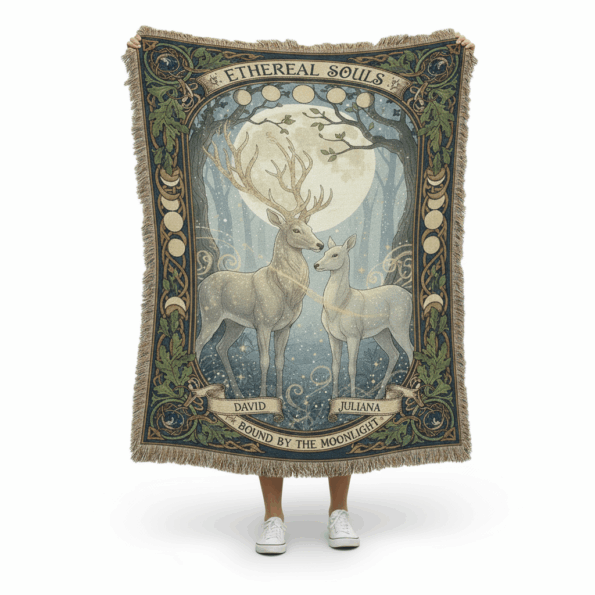 Enchanting Deer Couple Woven Blanket – Personalized Moonlit Throw 1