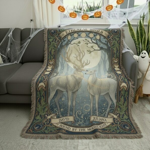 Enchanting Deer Couple Woven Blanket – Personalized Moonlit Throw 4