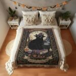 2025 Midnight Witch’s Familiar – Gothic Cat Woven Tapestry Throw Blanket
