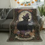 2025 Midnight Witch’s Familiar – Gothic Cat Woven Tapestry Throw Blanket