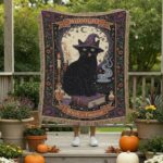 2025 Midnight Witch’s Familiar – Gothic Cat Woven Tapestry Throw Blanket