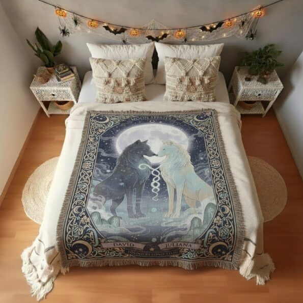 2025 Moon Spirits Wolf Couple Woven Blanket – Mystical Celtic Design 1