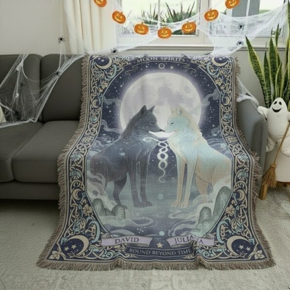 2025 Moon Spirits Wolf Couple Woven Blanket – Mystical Celtic Design 2