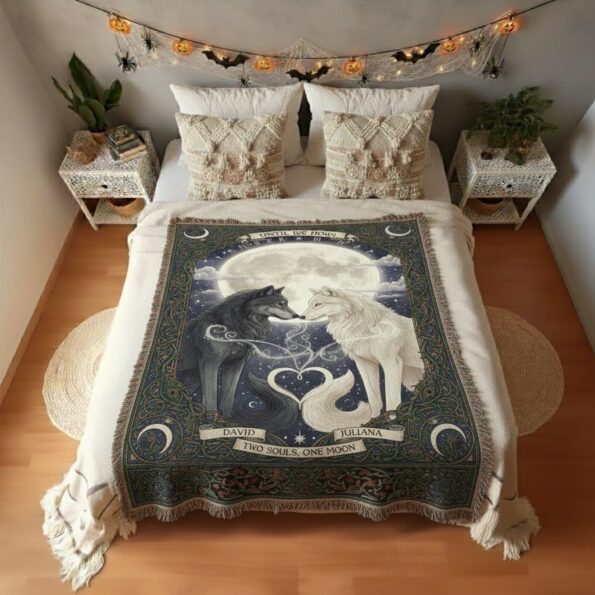 2025 Two Souls, One Moon – Mystical Couple Wolf Woven Blanket 4