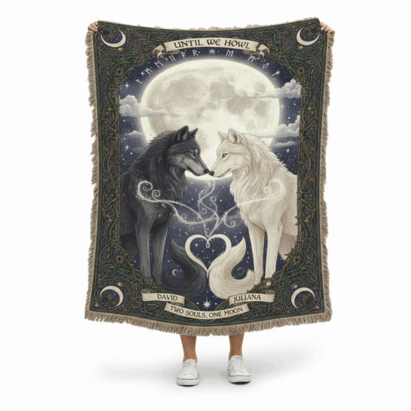 2025 Two Souls, One Moon – Mystical Couple Wolf Woven Blanket 5