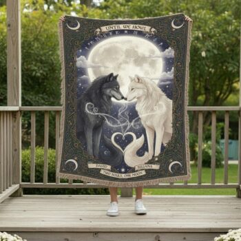 2025 Two Souls, One Moon – Mystical Couple Wolf Woven Blanket 1