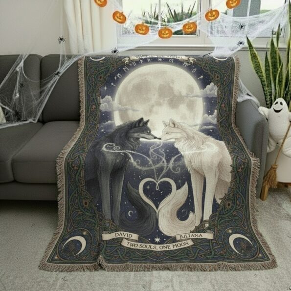 2025 Two Souls, One Moon – Mystical Couple Wolf Woven Blanket 3