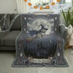 2025 Over the Moon Custom Cat Halloween Woven Blanket – Magical Personalized Throw1