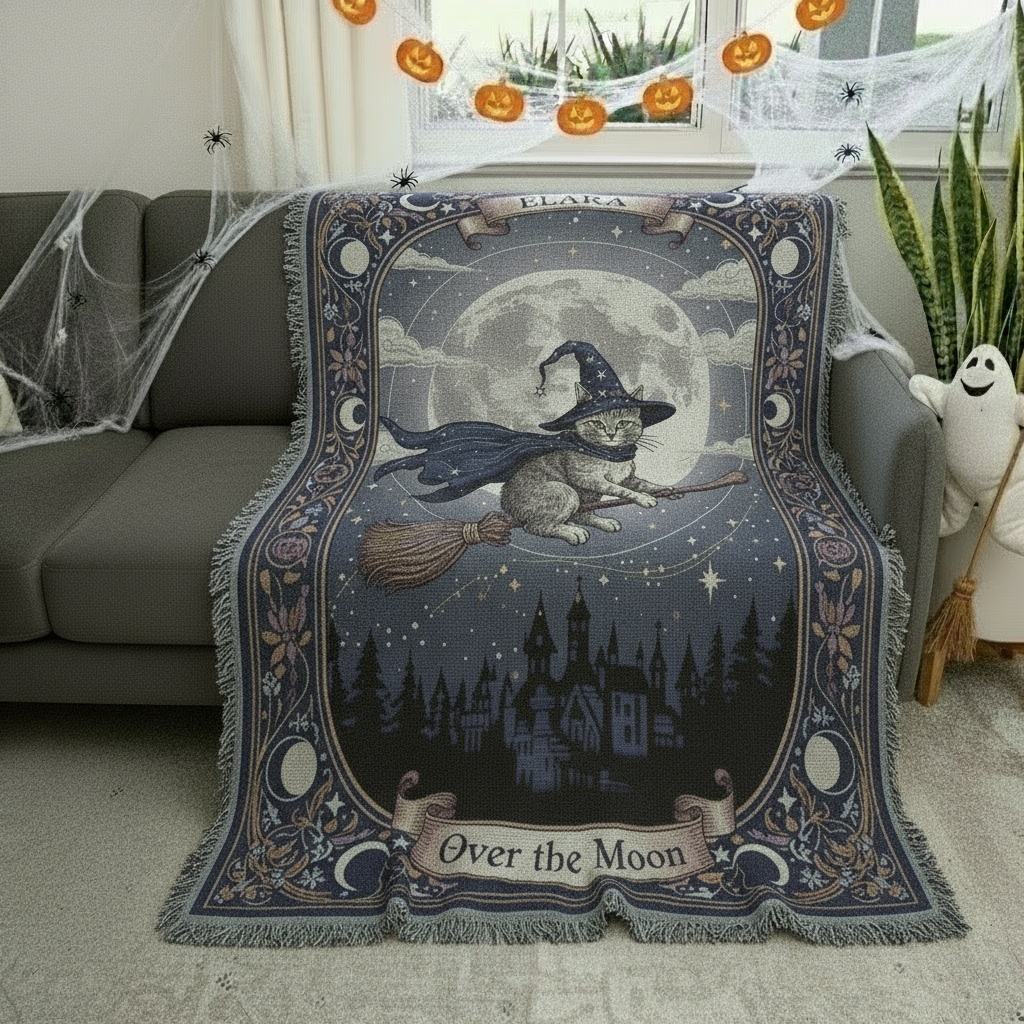 2025 Over the Moon Custom Cat Halloween Woven Blanket – Magical Personalized2Throw 2025 Over the Moon Custom Cat Halloween Woven Blanket – Magical Personalized2Throw