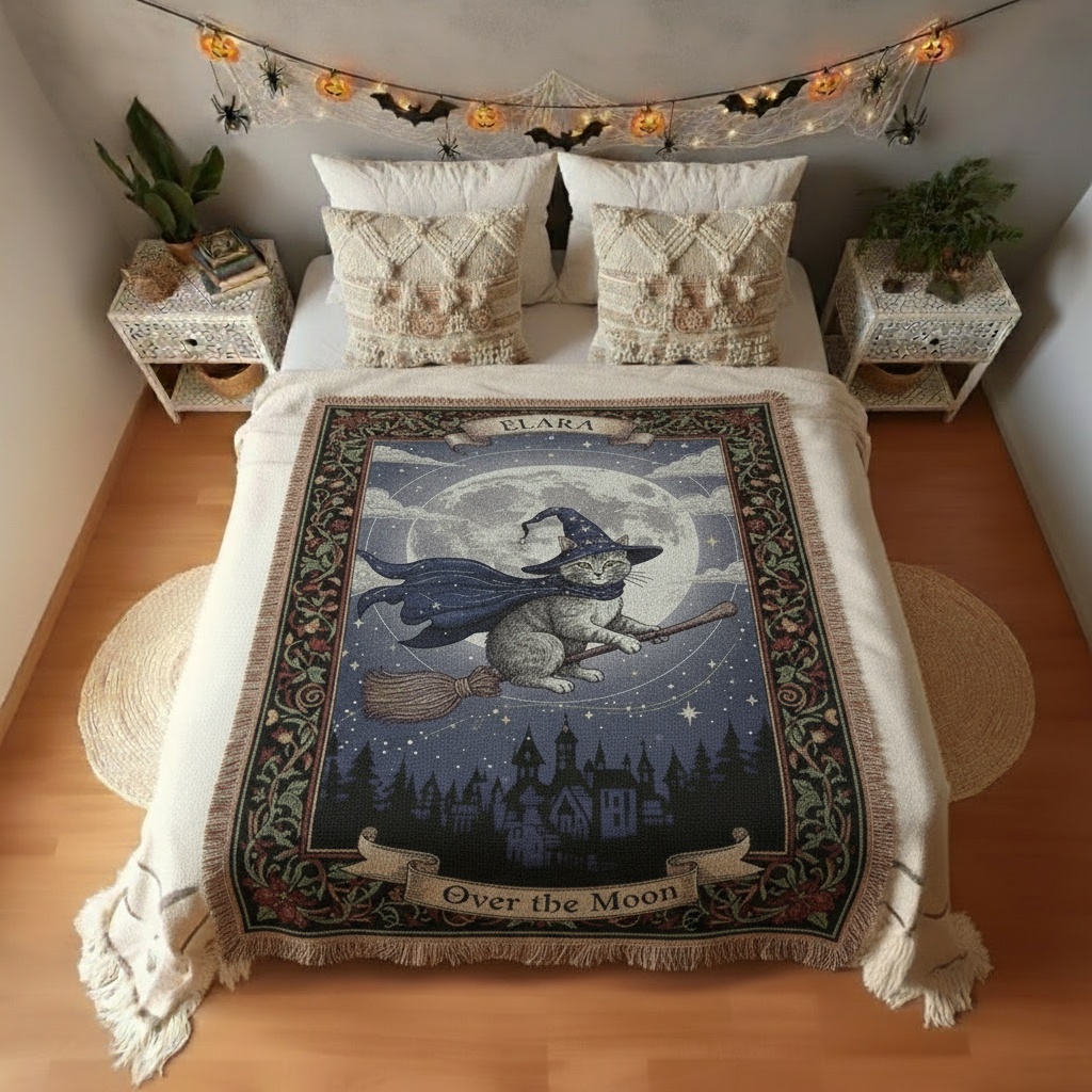 2025 Over the Moon Custom Cat Halloween Woven Blanket – Magical Personalized Throw3 2025 Over the Moon Custom Cat Halloween Woven Blanket – Magical Personalized Throw3