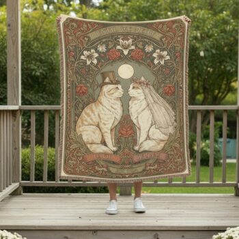 Until We Meow1 Cat Wedding Woven Blanket – Personalized Art Nouveau Keepsa