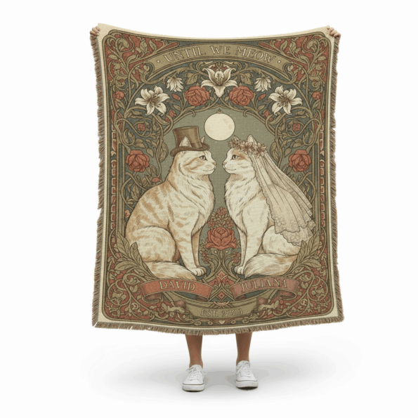 Until We Meow2 Cat Wedding Woven Blanket – Personalized Art Nouveau Keepsa