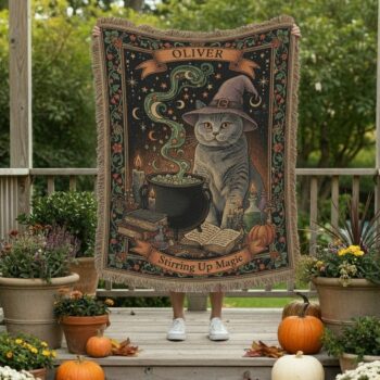 Stirring Up Magic Cat Woven Tapestry – Personalized Witchy Halloween Throw 4