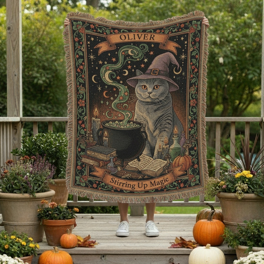 Stirring Up Magic Cat Woven Tapestry – Personalized Witchy Halloween Throw 4 Stirring Up Magic Cat Woven Tapestry – Personalized Witchy Halloween Throw 4
