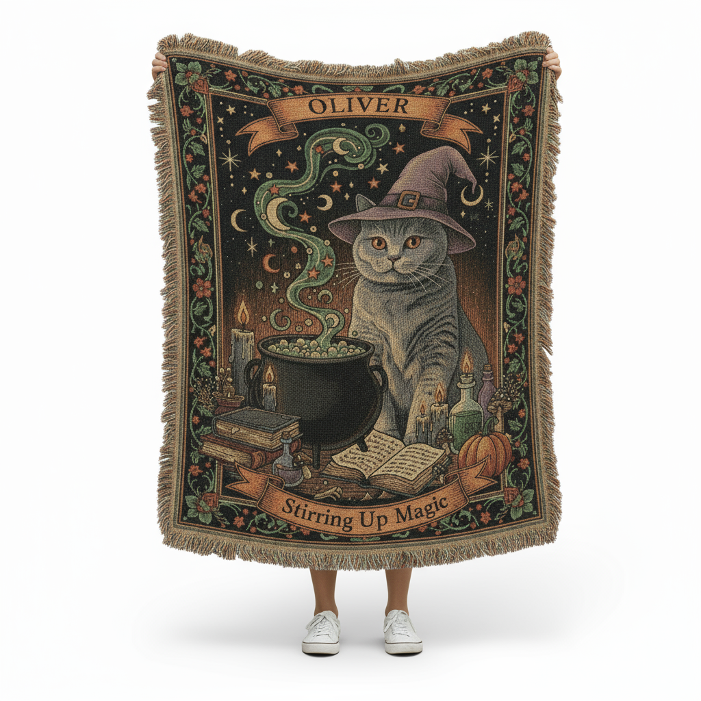 Stirring Up Magic Cat Woven Tapestry – Personalized Witchy Halloween Throw 4 Stirring Up Magic Cat Woven Tapestry – Personalized Witchy Halloween Throw 4