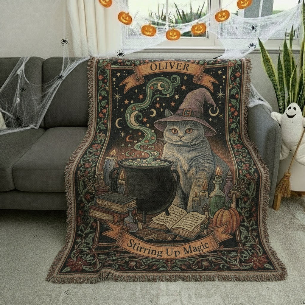 Stirring Up Magic Cat Woven Tapestry – Personalized Witchy Halloween Throw 1 Stirring Up Magic Cat Woven Tapestry – Personalized Witchy Halloween Throw 1