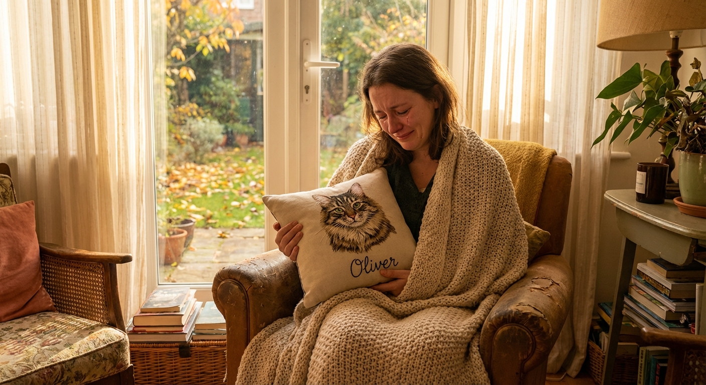Woman holding custom embroidered pet memorial pillow by window