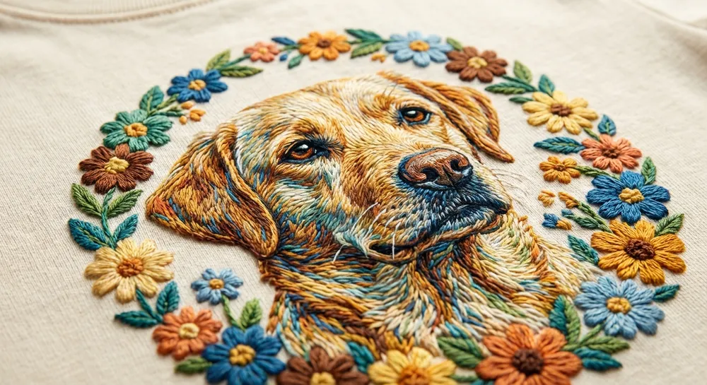 Close up of detailed colorful dog portrait embroidery on a t-shirt