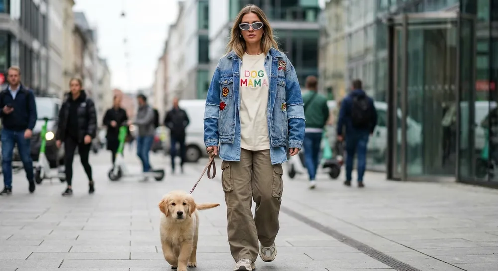 Trendy woman in denim jacket and dog mama shirt walking puppy in city