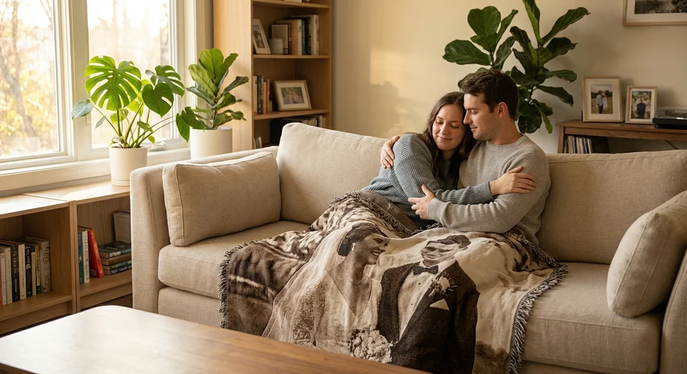 Happy couple cuddling on sofa wrapped in custom woven cotton anniversary blanket with wedding photo tapestry