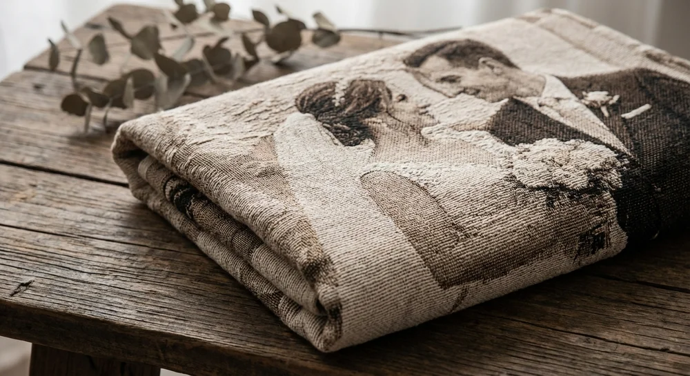Close-up of intricate tapestry weave texture on custom woven cotton photo blanket