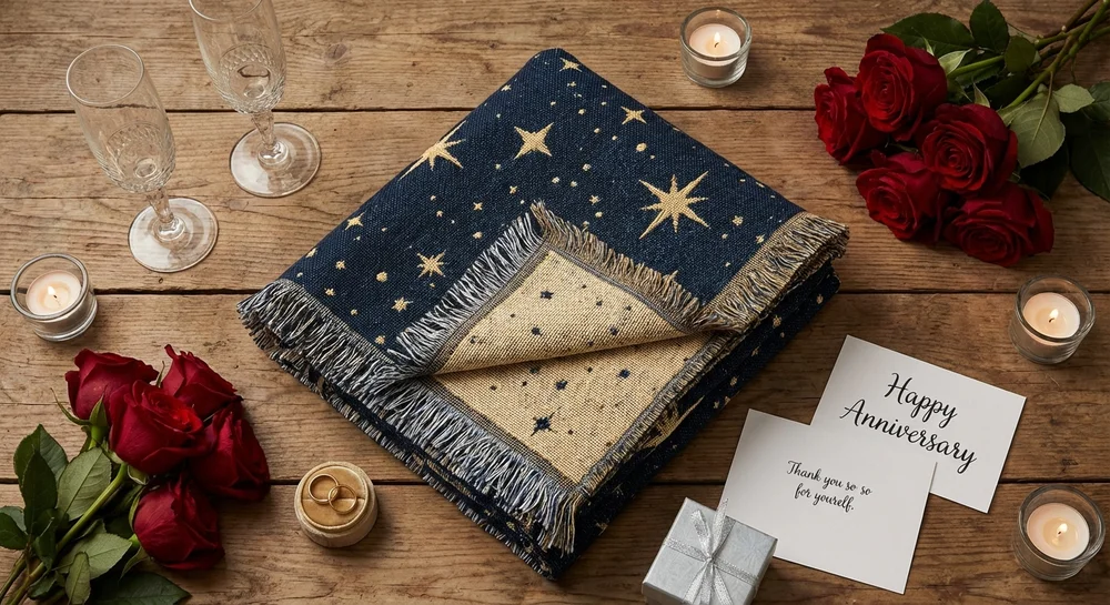 Artistic flat lay of custom woven photo blanket with celestial design surrounded by anniversary celebration elements