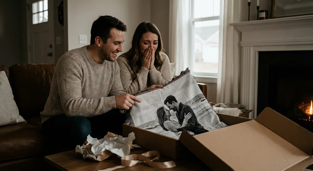 Emotional moment of couple unwrapping custom woven photo blanket anniversary gift