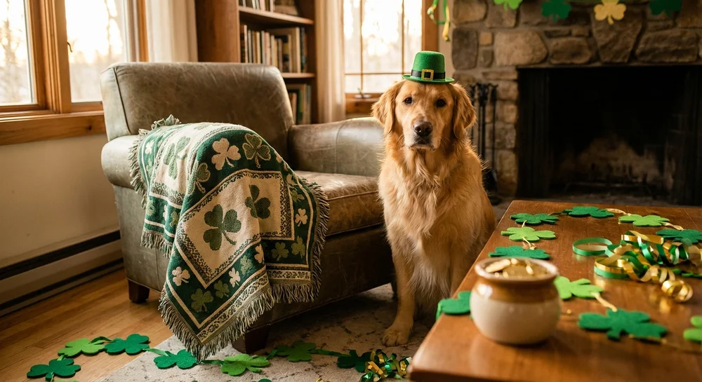 Golden retriever with leprechaun hat celebrating St Patrick's Day