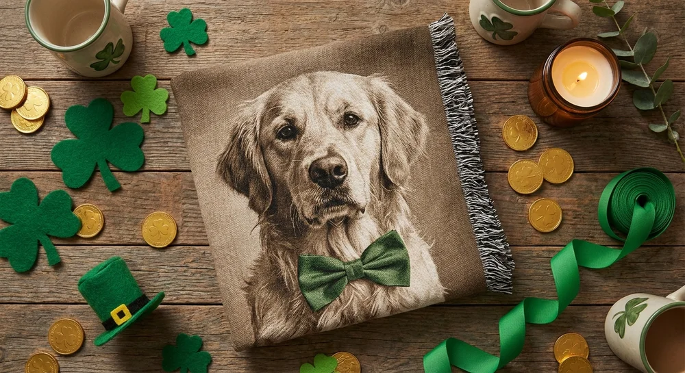St Patrick's Day flatlay with pet blanket and decorations