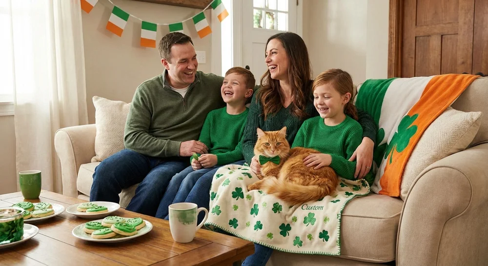Family celebrating St Patrick's Day with their cat