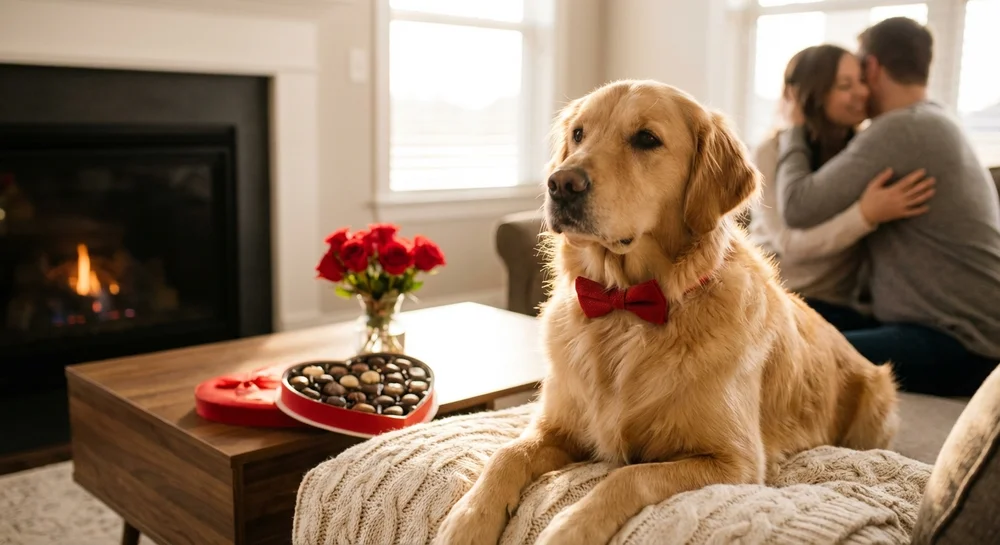 Golden retriever wearing red bow tie with Valentine's Day decorations
