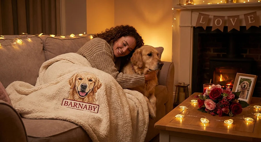 Custom pet blanket with embroidered dog portrait in cozy living room