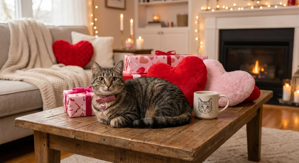 Tabby cat with pink collar among Valentine's Day gifts and custom pet portrait mug