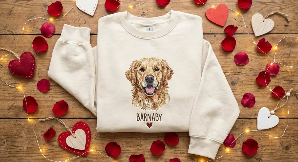 Custom embroidered sweatshirt with pet portrait design on Valentine's Day background
