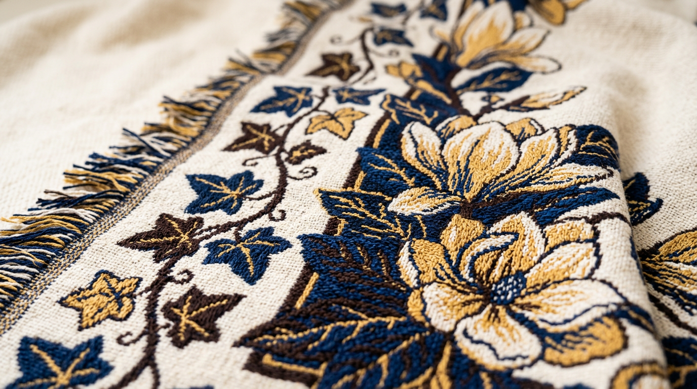 Close up of the Seasons of Sisterhood woven throw showing two plush armchairs and coffee cups