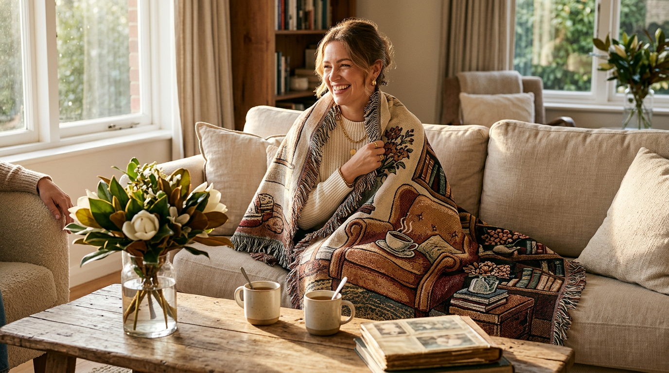 Detail view of the customizable woven banner on the Seasons of Sisterhood blanket