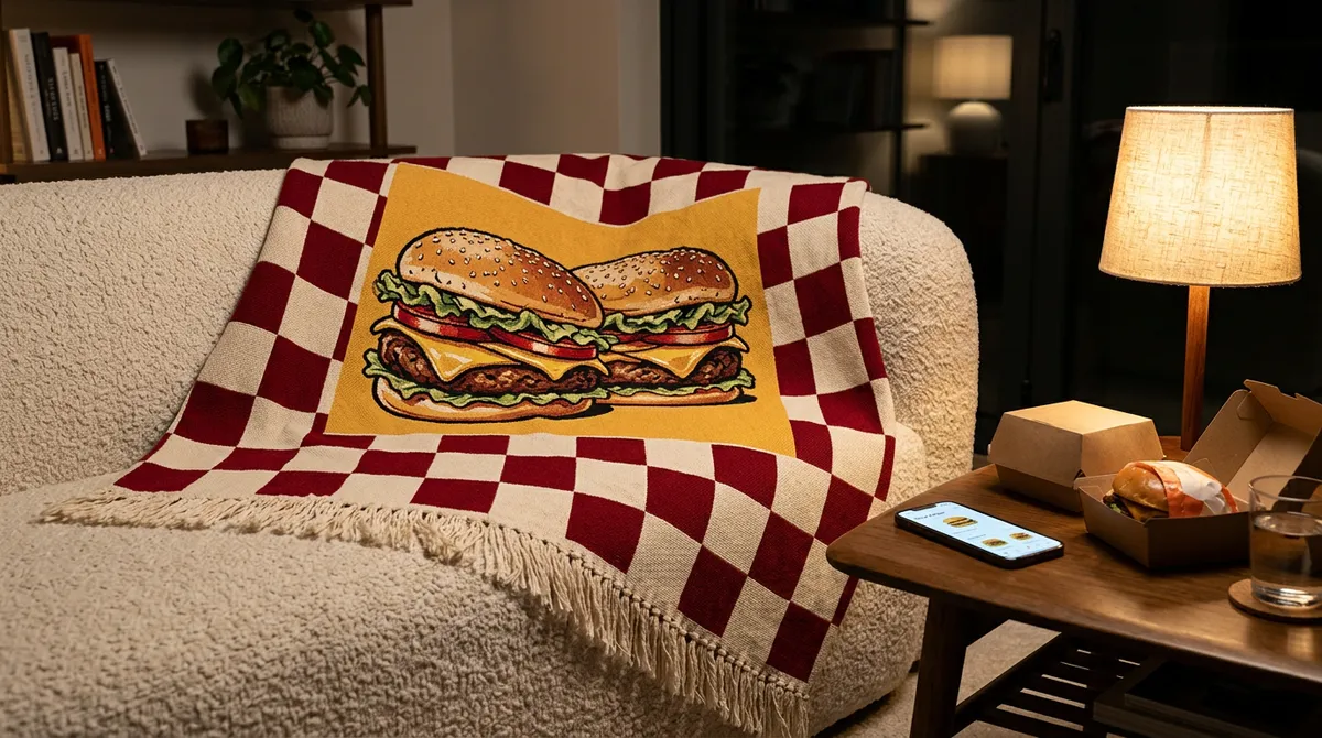 The Double Indulgence Woven Throw draped over a modern boucle sofa, inspired by the Five Guys BOGO trend