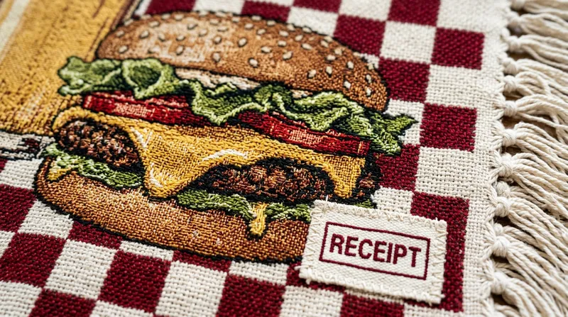 Close up of the woven texture showing the vibrant pop-art double cheeseburger design