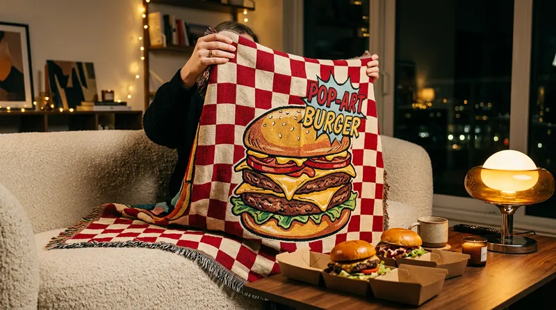 Detail shot of the custom woven receipt patch on the corner of the throw blanket