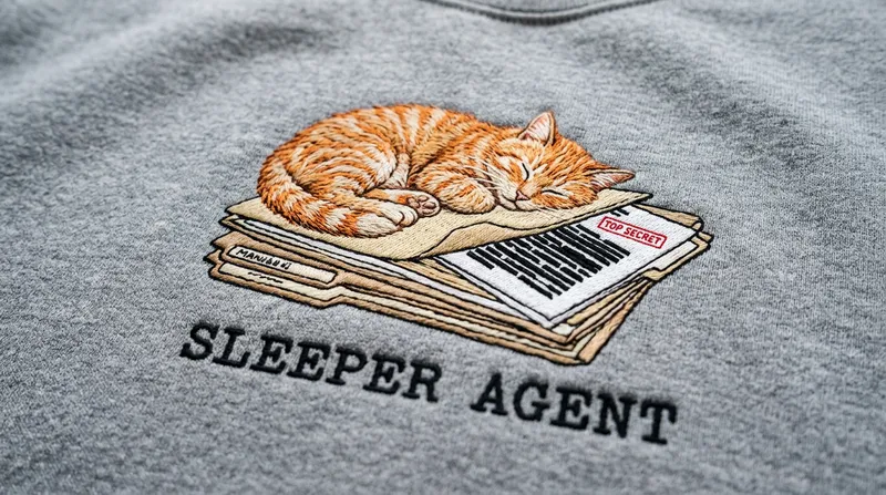 Close-up embroidery of an orange tabby cat sleeping on manila top-secret folders