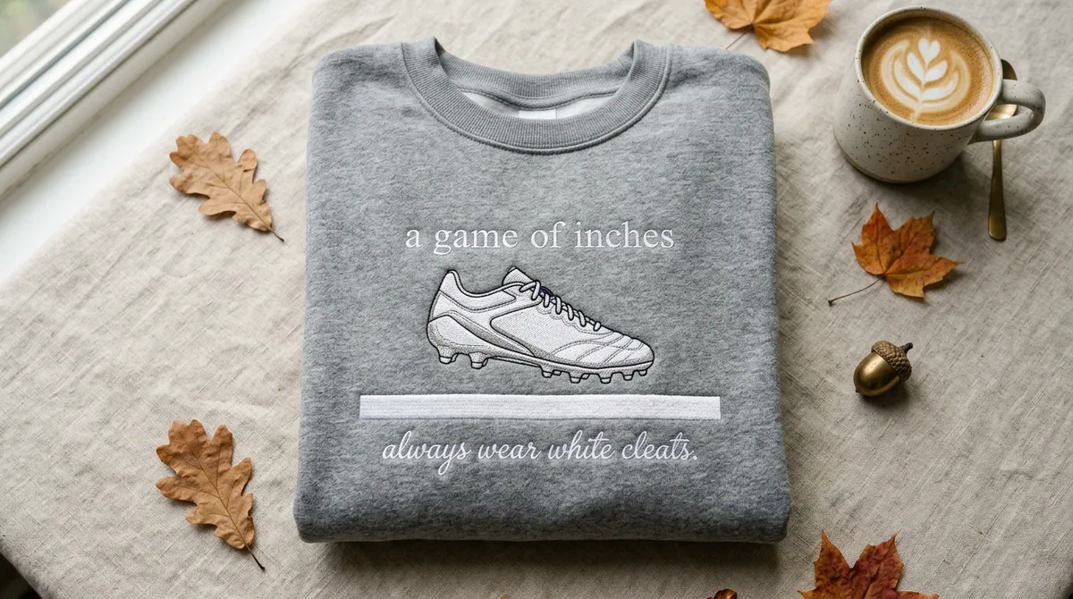 Heather grey embroidered sweatshirt featuring an Isaiah Likely inspired game of inches white cleat design.