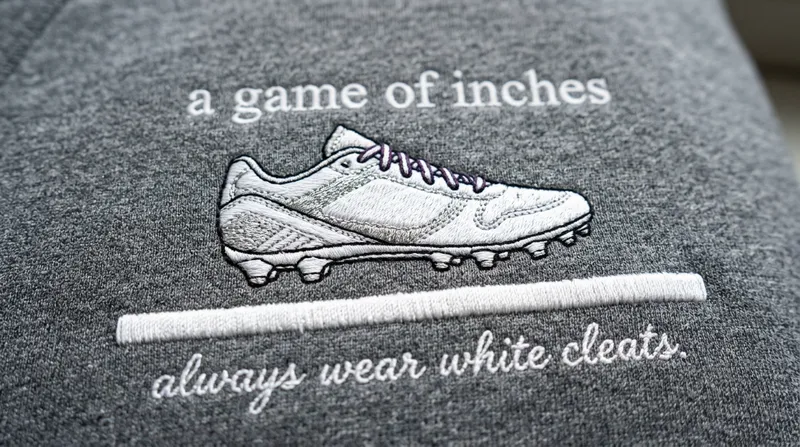Close-up of the Game of Inches embroidery design on a heather grey sweatshirt, showing the white cleat and detailed stitching