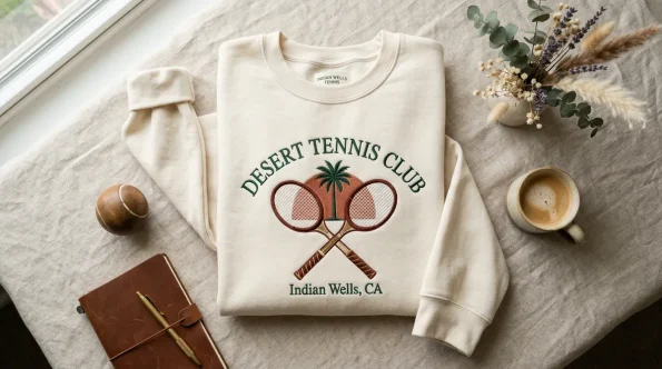 Flat lay of a cream embroidered sweatshirt featuring vintage tennis rackets for the Indian Wells Open.
