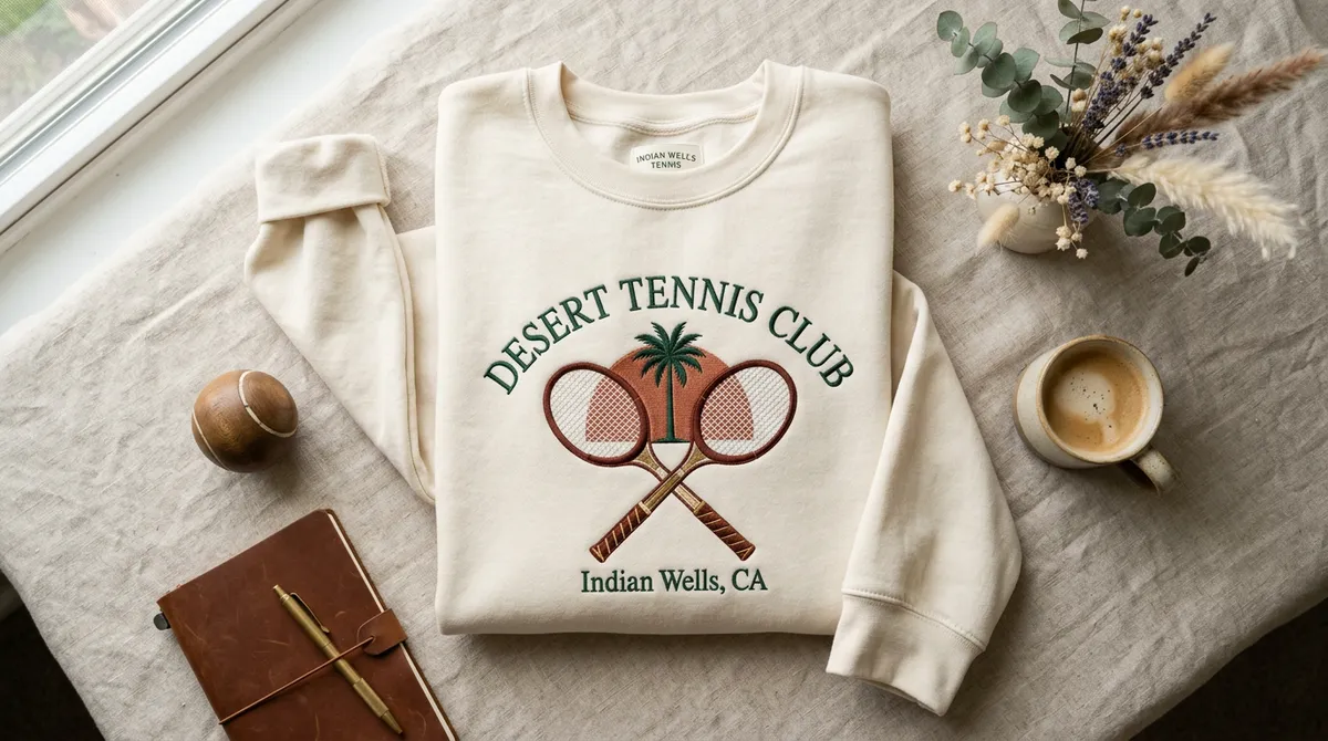 Flat lay of a cream embroidered sweatshirt featuring vintage tennis rackets for the Indian Wells Open.