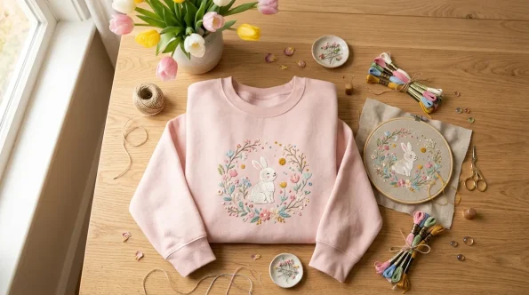 Flat lay of a pastel blush Easter embroidered sweatshirt surrounded by crafting supplies and spring tulips