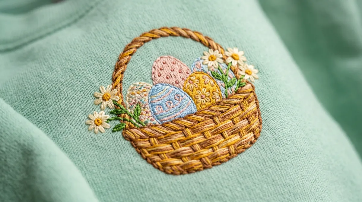 Close up of high-quality embroidery stitching on a spring sweatshirt