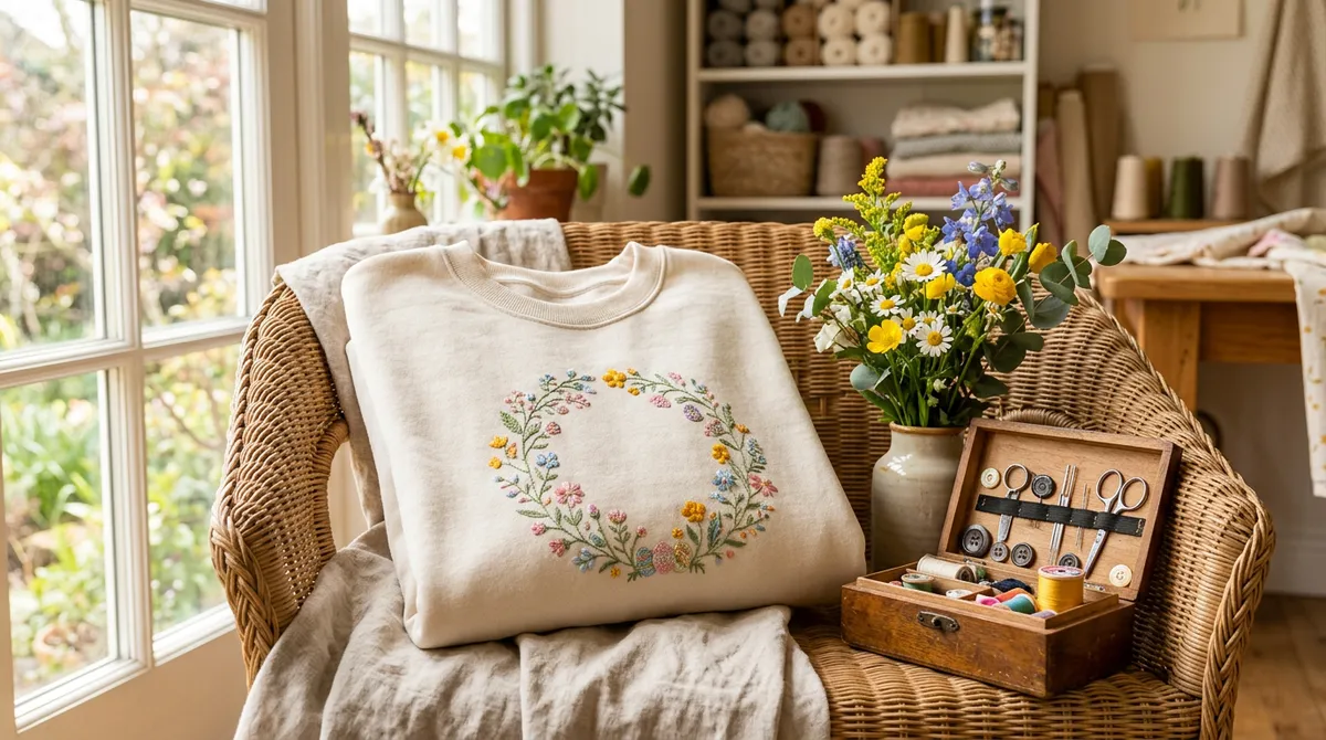 A family wearing matching custom embroidered sweatshirts for a holiday gathering